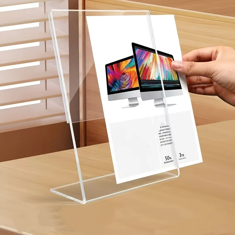 Set of 2 transparent acrylic display stands for menus brochures and designed to hold signs and posters at an angle on office desks